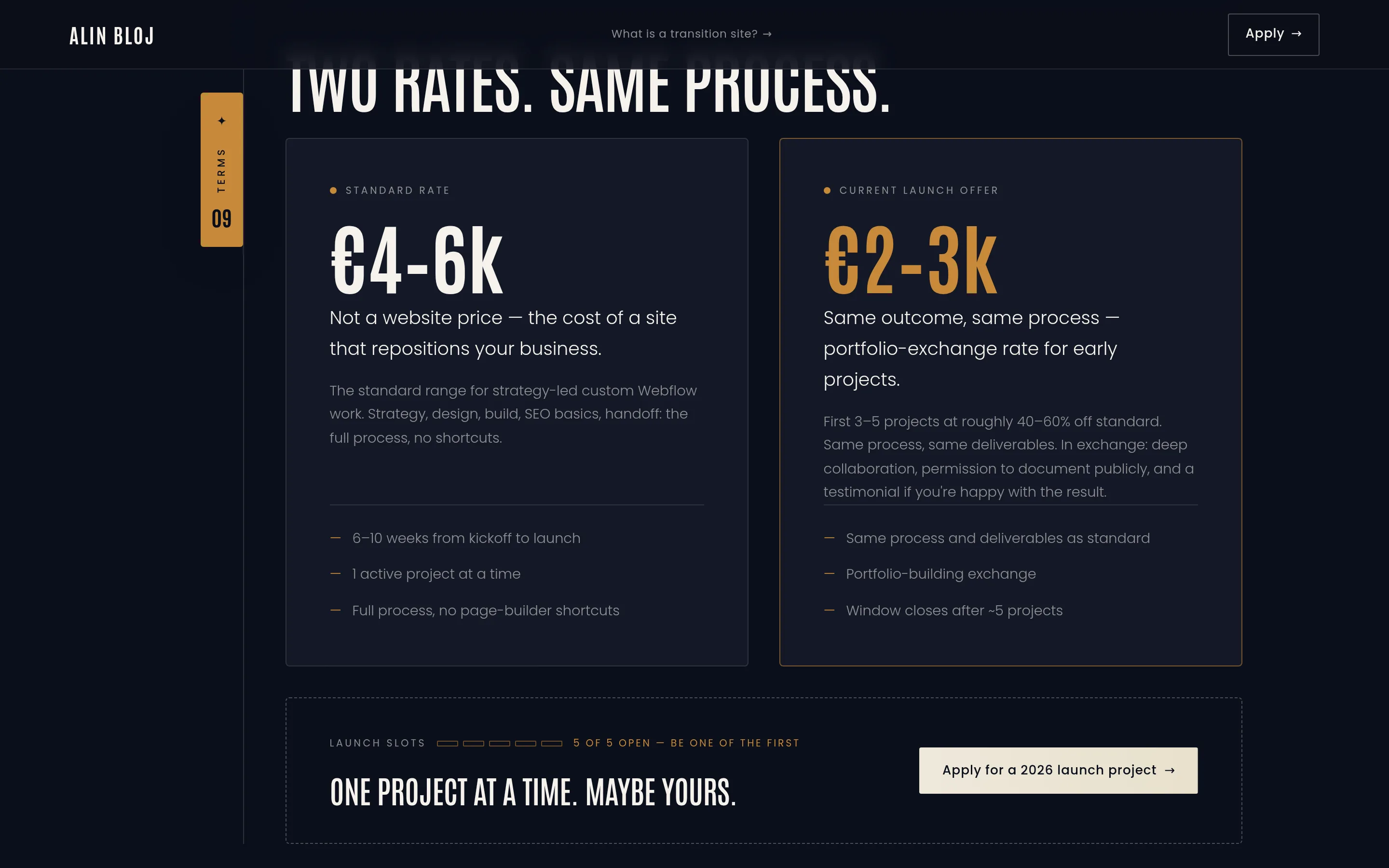 Pricing as a two-card grid: €4–6k standard beside the €2–3k launch offer, slot meter in the Apply band reading five of five open