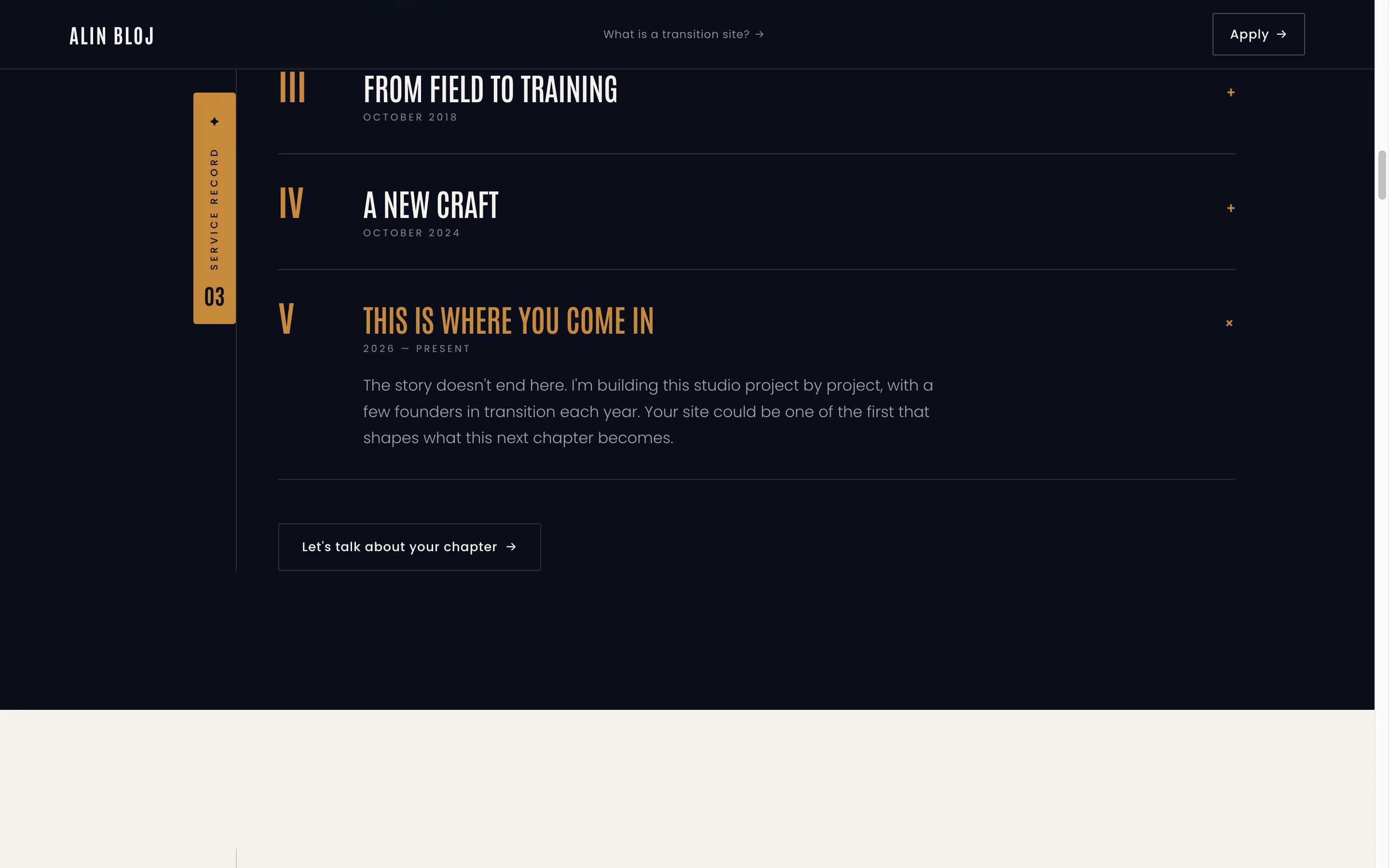 Timeline accordion with chapter V expanded: "This is where you come in"
