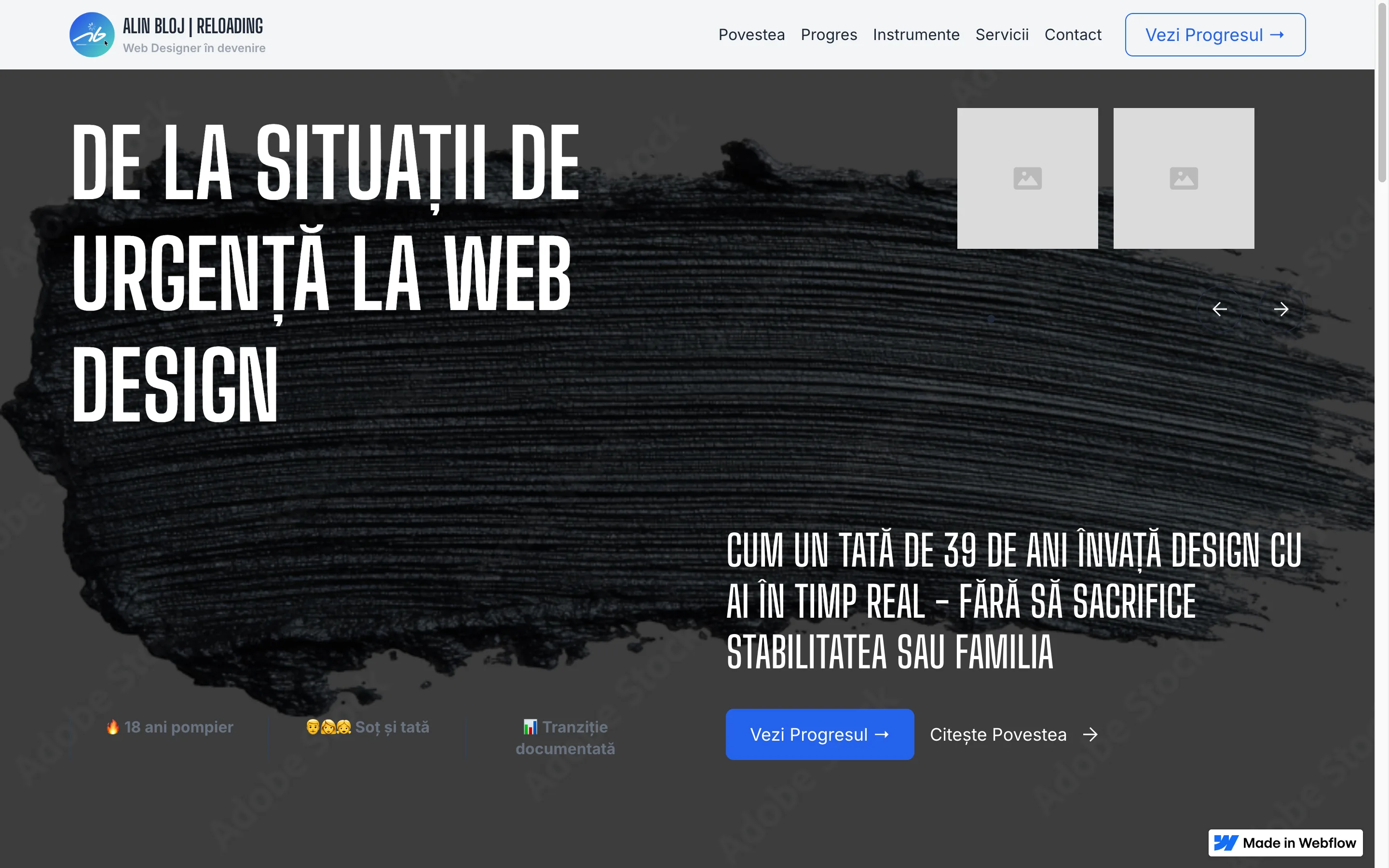 Abandoned first iteration: Romanian-language journey blog with stock imagery and a follow-my-progress call to action